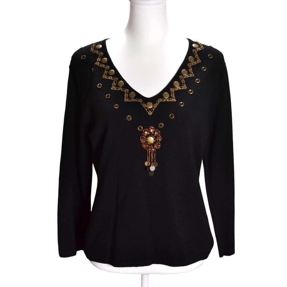 Carducci Glam‎ Retro Evening Date Night Winter Embellished Knit V-Neck Top Black